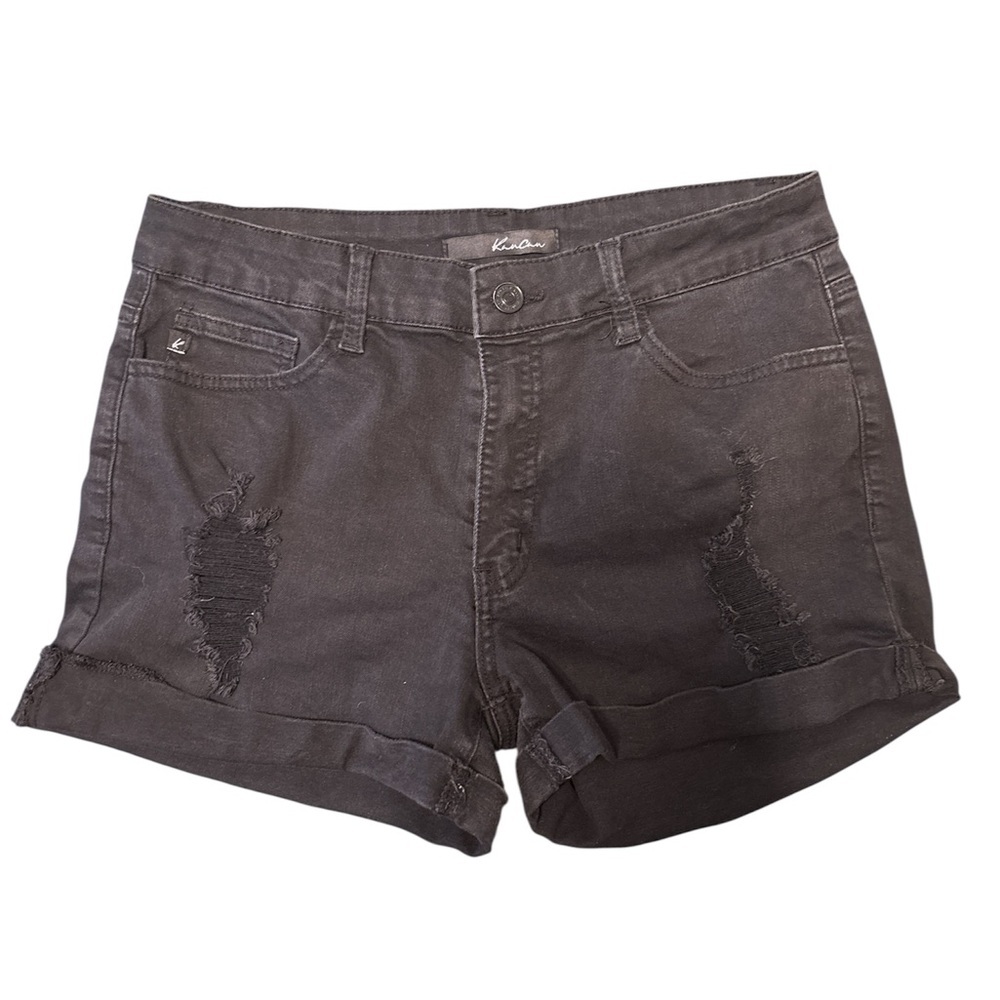 Kancan Jean Shorts Womens 9‎ Black Hi Rise Distressed Cuffed Shortie KC6036BK